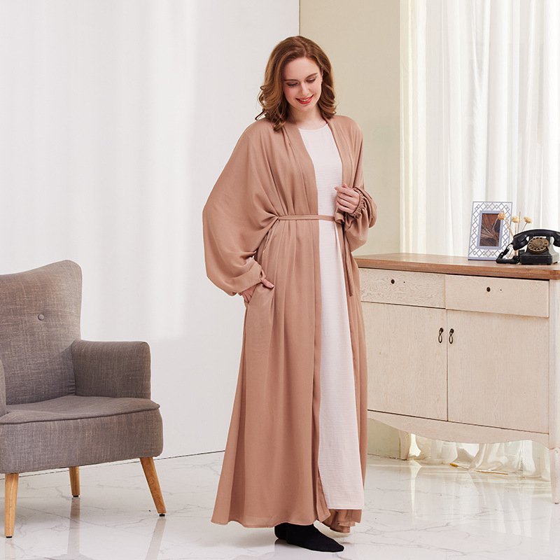 Heidi-Mode | 8 Farboptionen Satin Laternenärmel Offene Abaya Kleid Muslimische Dubai Frauen