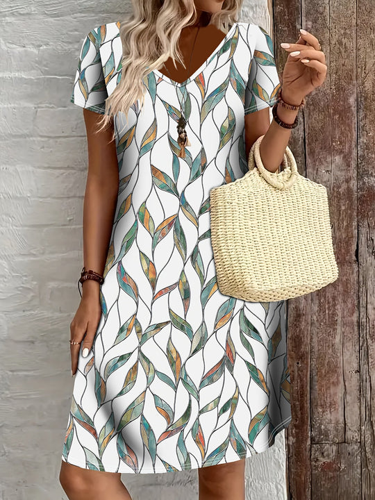 Heidi-Mode | Sommerkleid mit Blättermuster Enganliegendes Midi-Kleid mit V-Ausschnitt