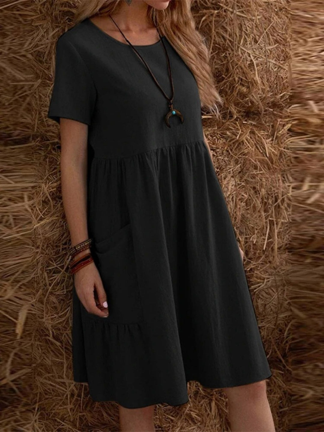 Heidi Mode | Lose Tasche einfarbig Rundhalsausschnitt Kleid