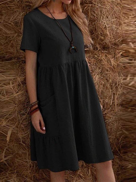 Heidi Mode | Lose Tasche einfarbig Rundhalsausschnitt Kleid