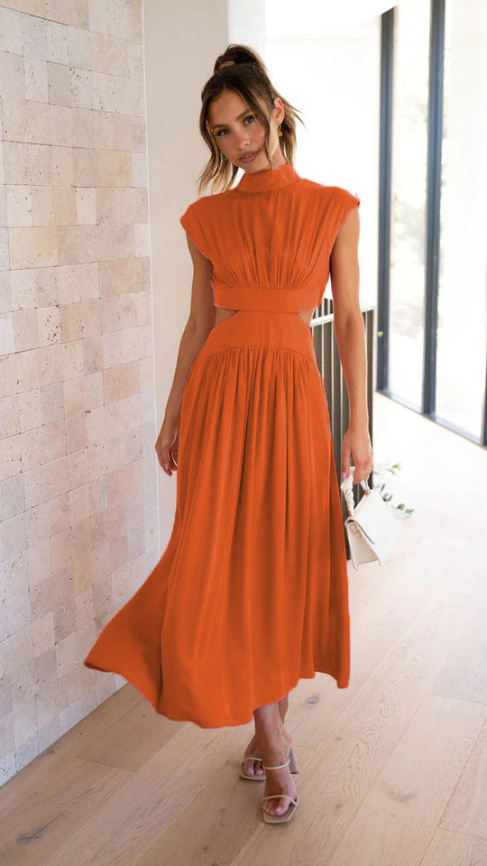 Heidi-Mode | Sommerliche Midikleid mit Hohem Kragen In Soliden Farben