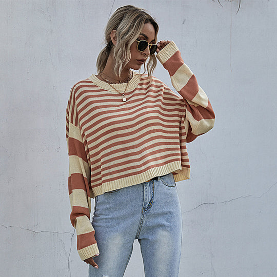 Damen lässiger Oversized Pullover mit Streifenmuster und weiten Ärmeln Heidi-Mode