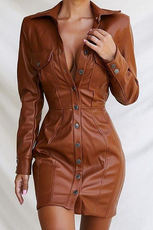 Heidi-Mode | PU-Knopf Braunes Lederkleid