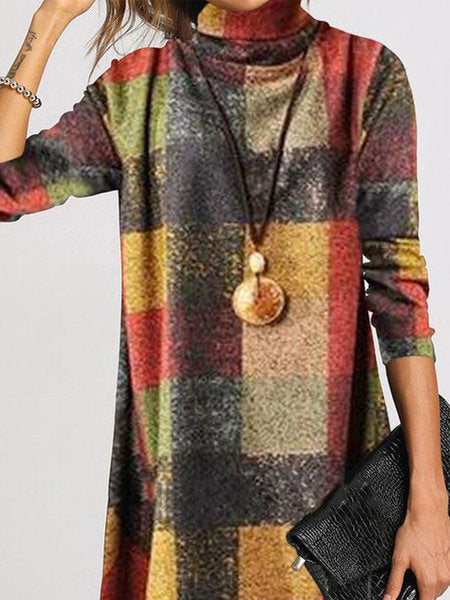 Damen trendiges Karo-Kleid mit hohem Kragen Heidi-Mode