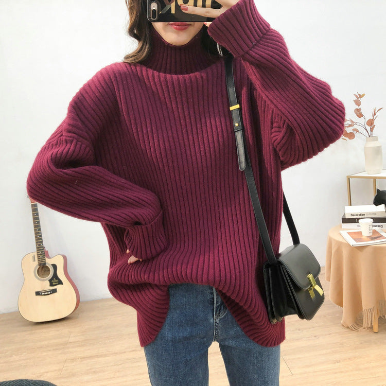 Damen Grobstrickpullover mit hohem Kragen und feiner Rippstruktur Heidi-Mode