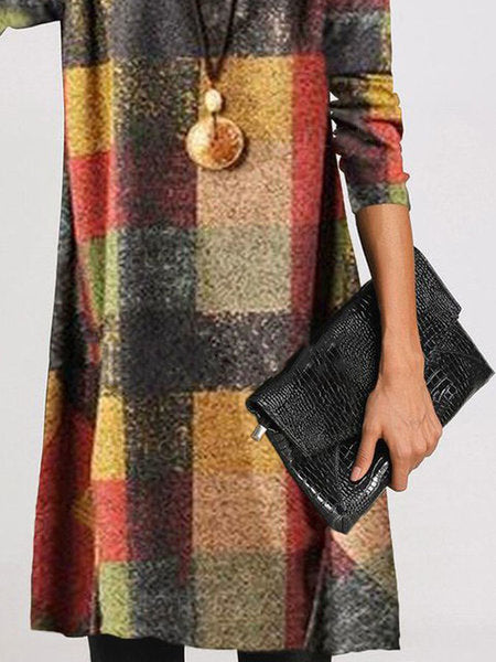 Damen trendiges Karo-Kleid mit hohem Kragen Heidi-Mode