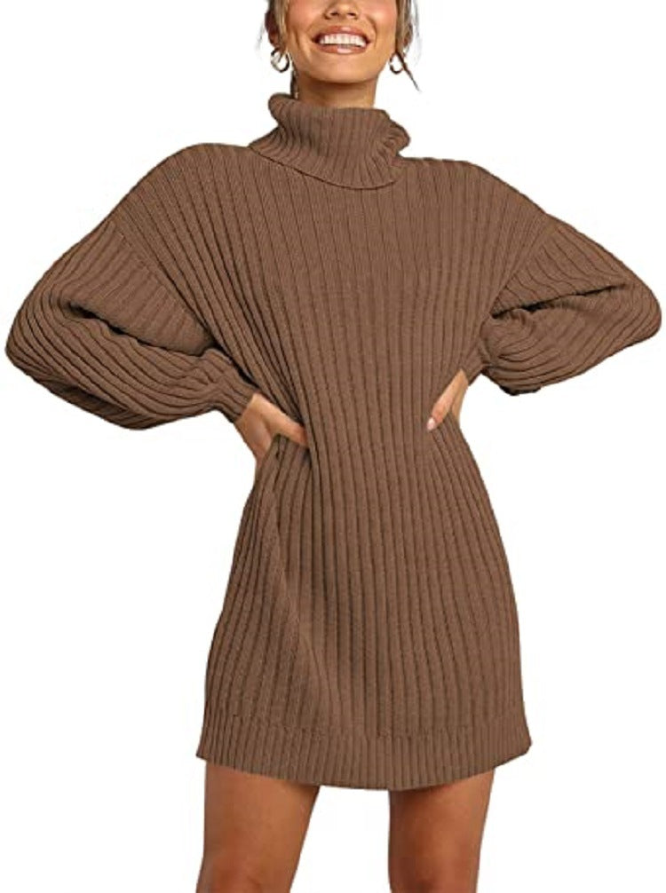 Damen Grobstrick Pulloverkleid mit hohem Kragen und überschnittenen Schultern Heidi-Mode