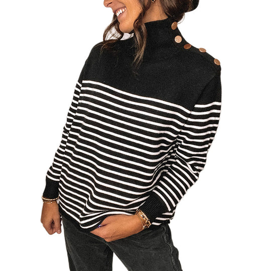 Damen modischer Streifenpullover mit hohen Kragen und dekorativen Knöpfen Heidi-Mode