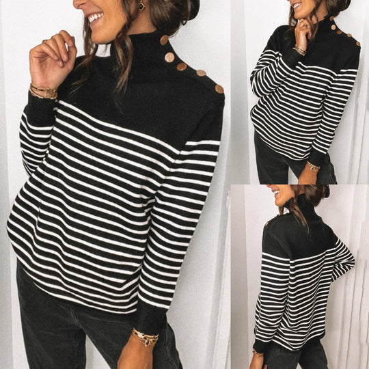 Damen modischer Streifenpullover mit hohen Kragen und dekorativen Knöpfen Heidi-Mode