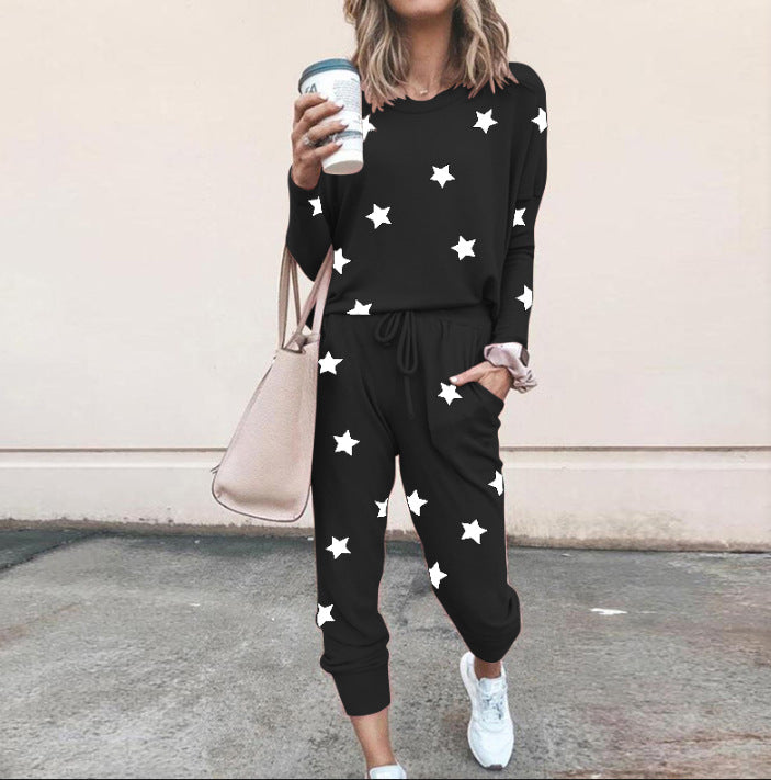 Damen Sweatpants-Set mit Sternen-Print und elastischem Bund Heidi-Mode