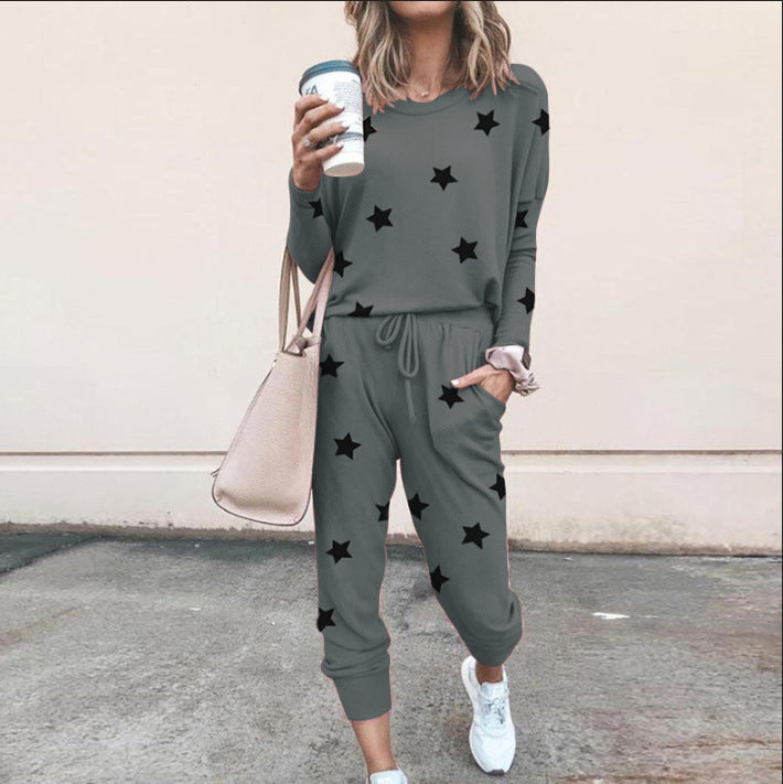 Damen Sweatpants-Set mit Sternen-Print und elastischem Bund Heidi-Mode