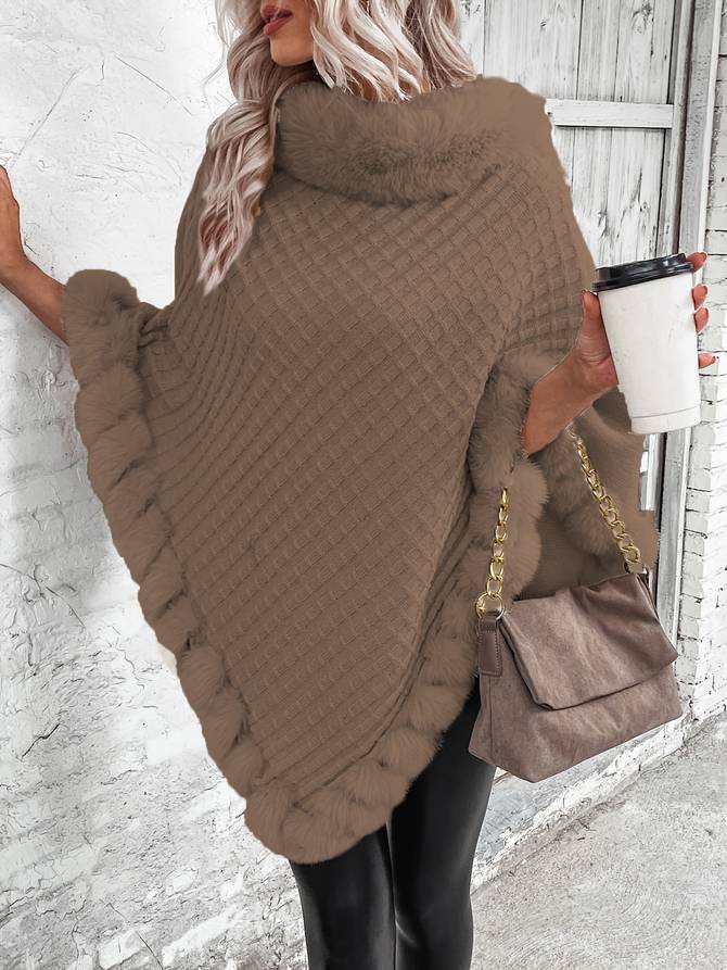 Heidi-Mode | Damen Strick-Poncho mit Kunstfell