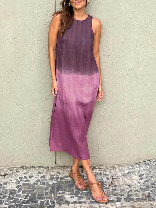 Heidi Baumwoll- und Leinenkleid mit Schlitz und Farbverlauf im Tie-Dye-Stil