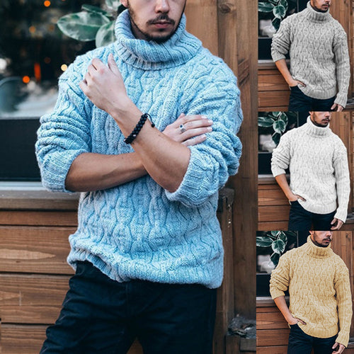 Herren Strickpullover mit hohem Kragen und strukturiertem Kabelmuster Heidi-Mode