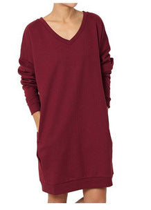 Damen Sweatshirt-Kleid mit V-Ausschnitt und praktischem Taschen-Design Heidi-Mode