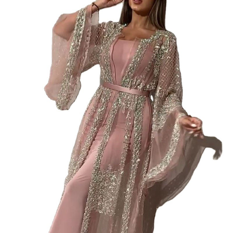 Damen Elegante Kaftan Robe aus transparentem Stoff mit aufwendigen Verzierungen Heidi-Mode