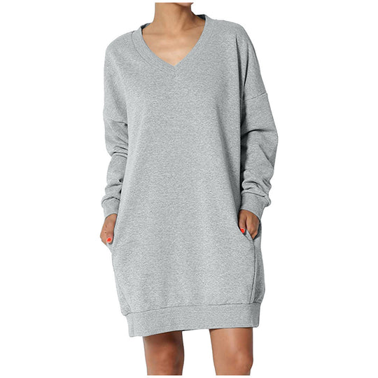 Damen Sweatshirt-Kleid mit V-Ausschnitt und praktischem Taschen-Design Heidi-Mode