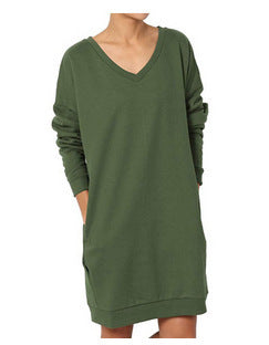 Damen Sweatshirt-Kleid mit V-Ausschnitt und praktischem Taschen-Design Heidi-Mode