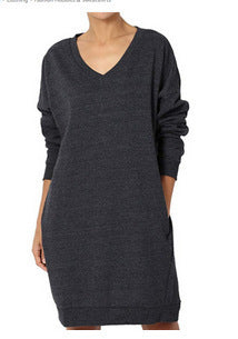 Damen Sweatshirt-Kleid mit V-Ausschnitt und praktischem Taschen-Design Heidi-Mode