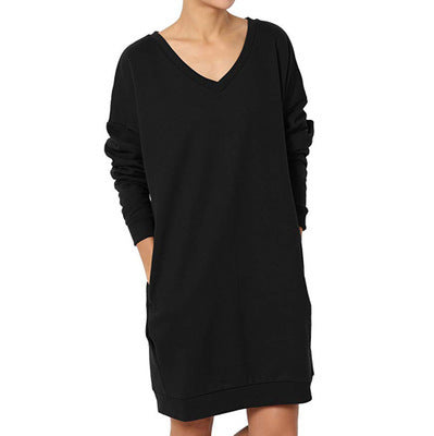 Damen Sweatshirt-Kleid mit V-Ausschnitt und praktischem Taschen-Design Heidi-Mode