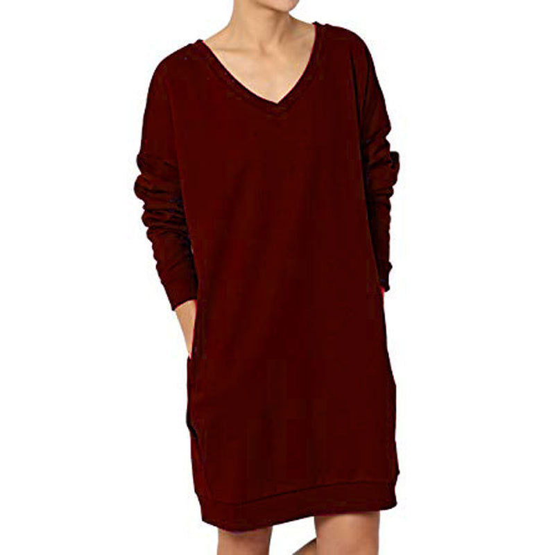 Damen Sweatshirt-Kleid mit V-Ausschnitt und praktischem Taschen-Design Heidi-Mode