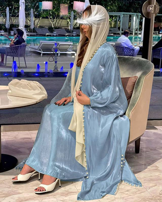 Heidi-Mode | 2 Teile Set Satin Perlen Muslimische Frauen Offene Abaya Kleid mit Innentop Ärmeloses Kleid