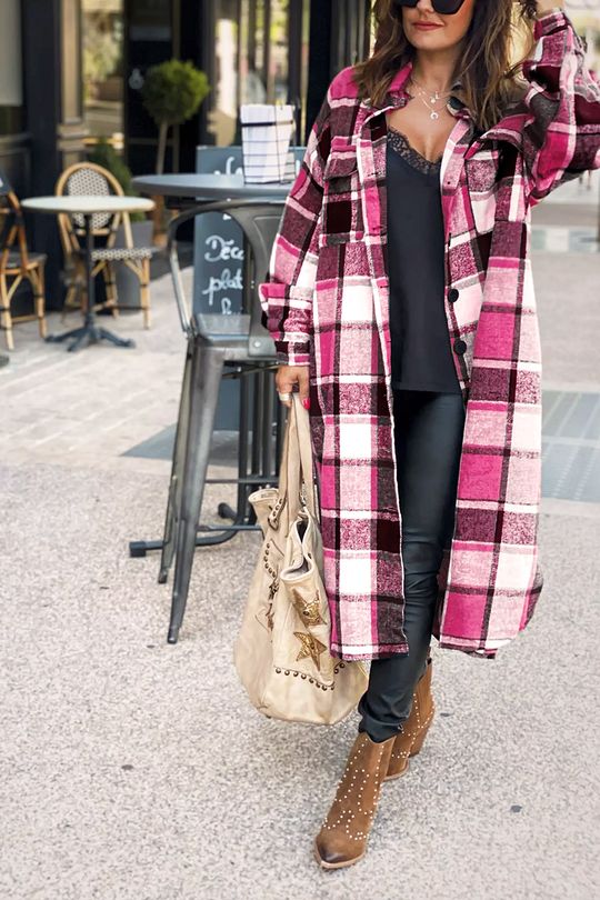 Heidi-Mode | Klappkragen Karoprint Wolle Lange Jacke