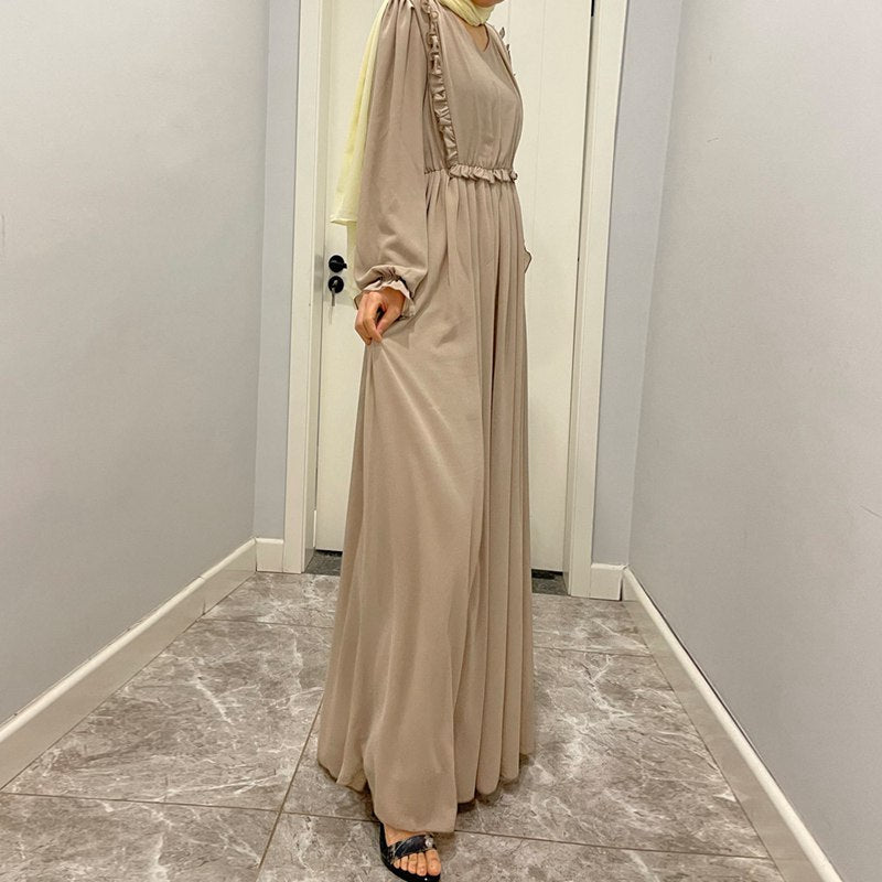 Heidi-Mode | Agaric Laces Einfarbige Chiffon Abaya Kleid für Muslimische Frauen