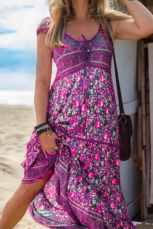 Heidi-Mode | Quasten V-Ausschnitt Bohemian Gedrucktes Maxi Strandkleid