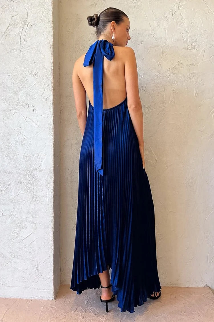 Heidi-Mode | Halter Tied Up Cutout Neck Pleated Backless Asymmetrischer Saum Hochzeitsgast Maxi Kleider