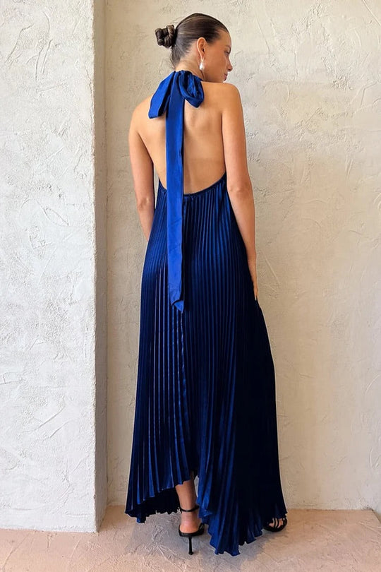 Heidi-Mode | Halter Tied Up Cutout Neck Pleated Backless Asymmetrischer Saum Hochzeitsgast Maxi Kleider