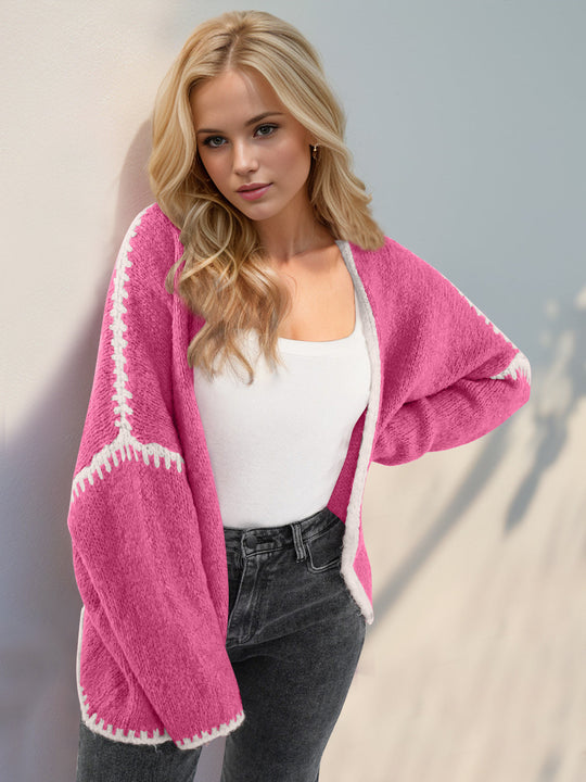 Heidi-Mode | Double Take Kontrast Offene Vorderseite Herunterfallende Schulter Strickjacke