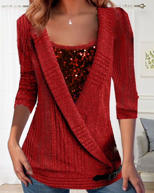 Heidi-Mode | Stilvolle rote Strickjacke mit Fake-Layering und Pailletten