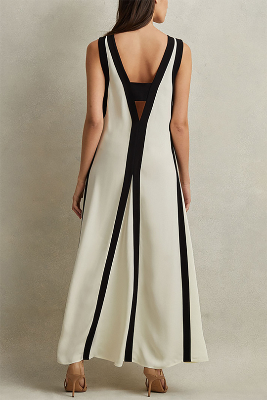 Heidi-Mode | Deep V Neck Rückenfreies Colorblock Maxi Tankkleider-Beige
