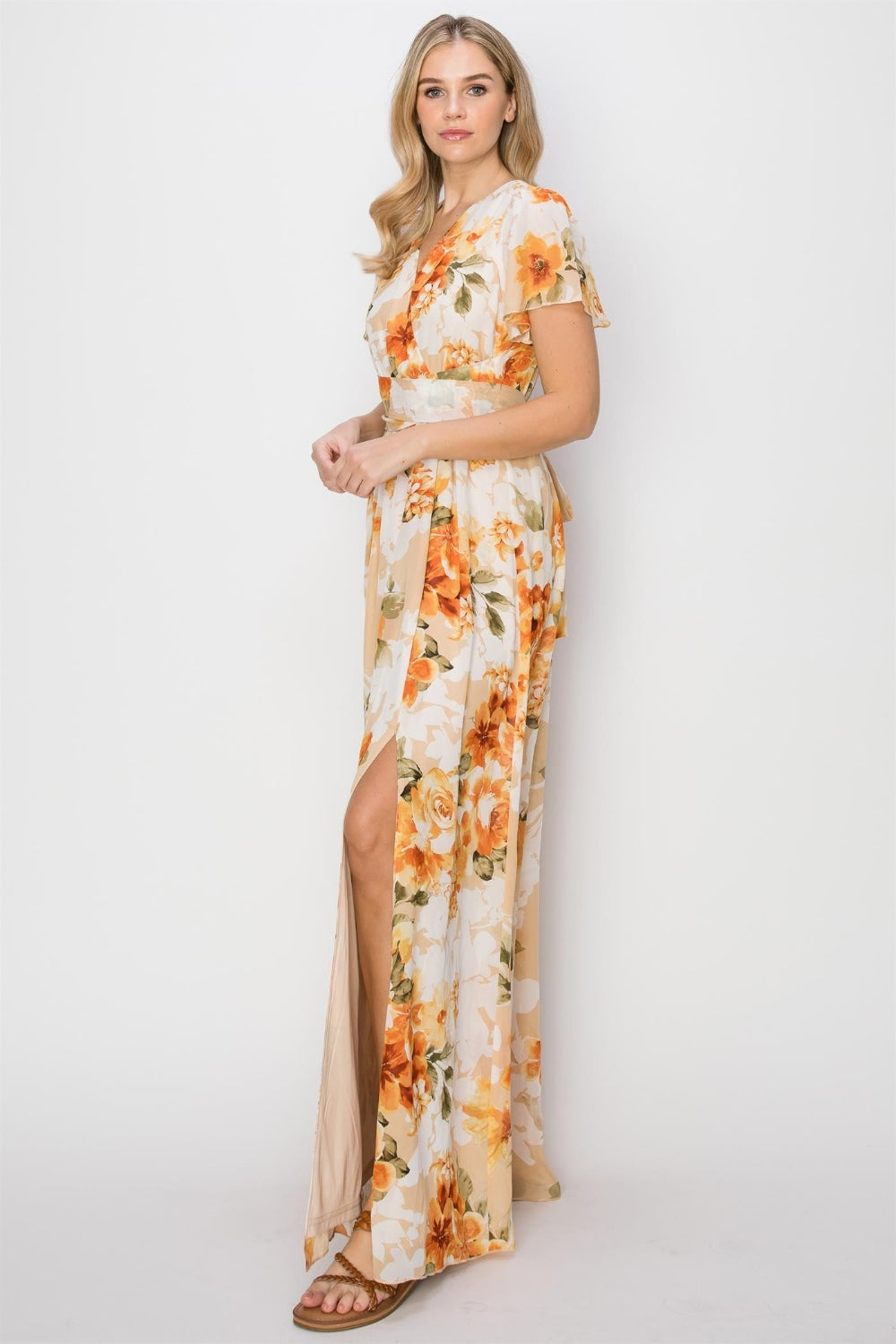 Heidi-Mode | Hyfve Floral Tie Back Kurzarm Schlitz Maxikleid