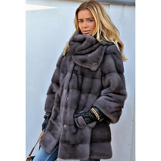 Damen Flauschiger Kunstpelzmantel mit hochgeschlossenem Kragen und seitlichen Taschen Heidi-Mode