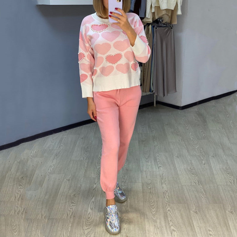 Damen Gemütliches Herzmuster Lounge-Set Heidi-Mode