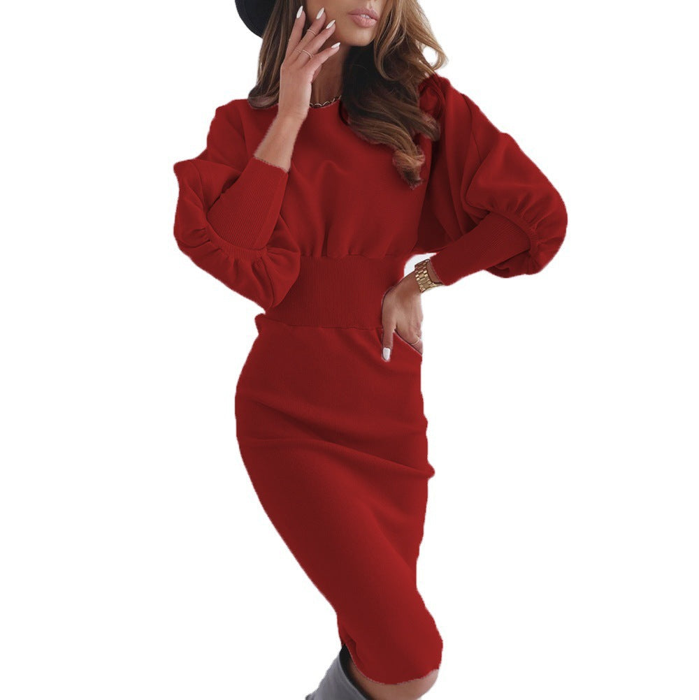 Damen figurbetontes Damenkleid mit Puffärmeln und hohem Bund Heidi-Mode