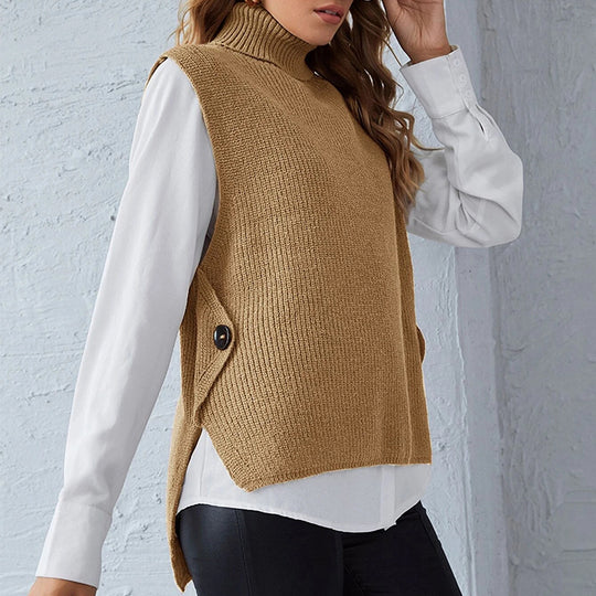 Damen ärmellose Strickjacke mit hohem Kragen und Knopfdetails Heidi-Mode