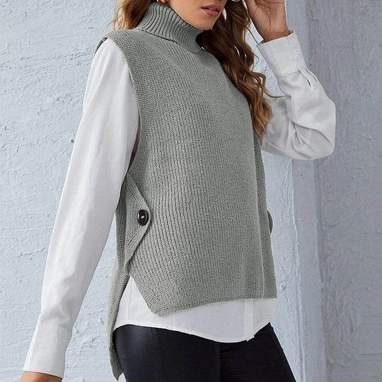 Damen ärmellose Strickjacke mit hohem Kragen und Knopfdetails Heidi-Mode