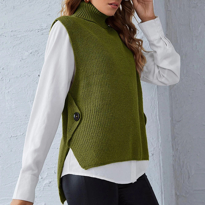 Damen ärmellose Strickjacke mit hohem Kragen und Knopfdetails Heidi-Mode