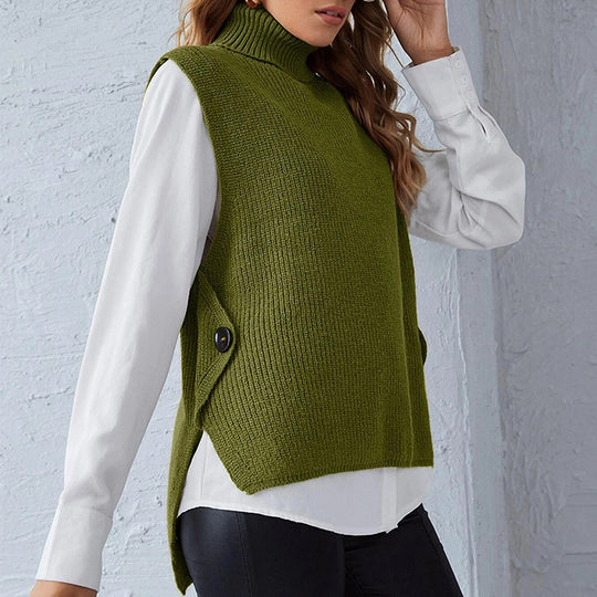 Damen ärmellose Strickjacke mit hohem Kragen und Knopfdetails Heidi-Mode