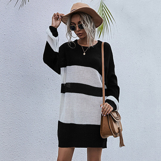 Damen Oversize-Strickkleid mit modischem Streifenmuster Heidi-Mode