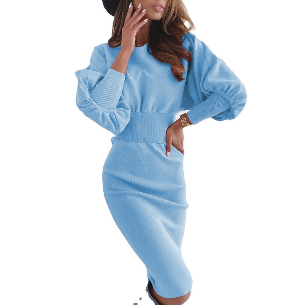 Damen figurbetontes Damenkleid mit Puffärmeln und hohem Bund Heidi-Mode