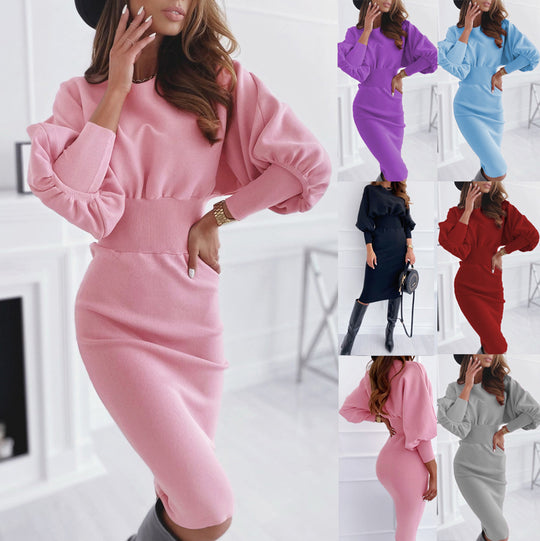 Damen figurbetontes Damenkleid mit Puffärmeln und hohem Bund Heidi-Mode