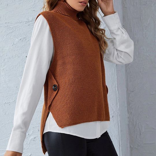 Damen ärmellose Strickjacke mit hohem Kragen und Knopfdetails Heidi-Mode