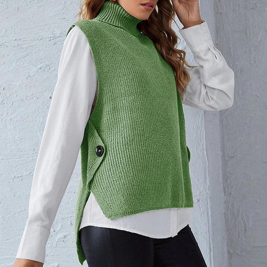 Damen ärmellose Strickjacke mit hohem Kragen und Knopfdetails Heidi-Mode