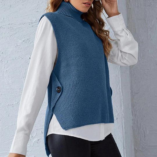 Damen ärmellose Strickjacke mit hohem Kragen und Knopfdetails Heidi-Mode