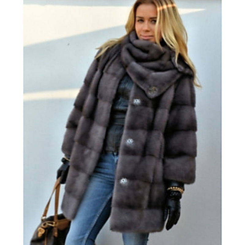 Damen Flauschiger Kunstpelzmantel mit hochgeschlossenem Kragen und seitlichen Taschen Heidi-Mode