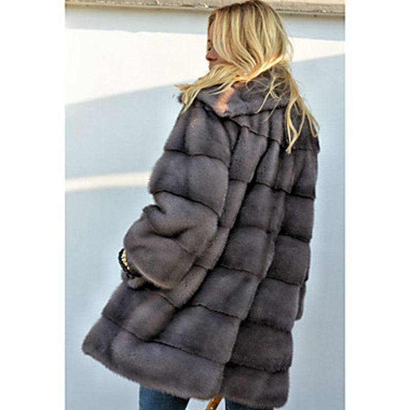 Damen Flauschiger Kunstpelzmantel mit hochgeschlossenem Kragen und seitlichen Taschen Heidi-Mode